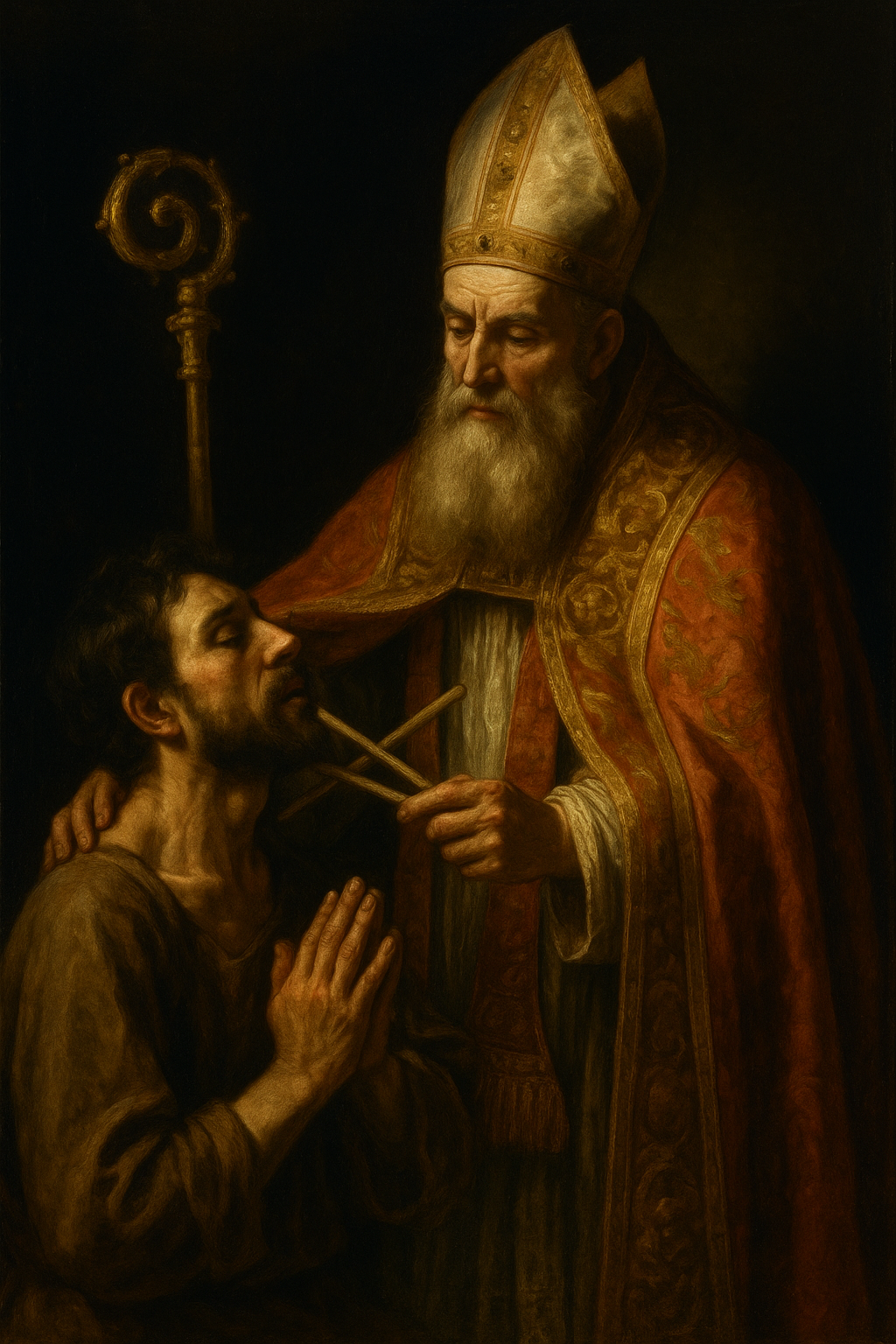 Oil painting of St. Blaise blessing a kneeling man's throat with crossed candles, in dramatic Caravaggio-style lighting.