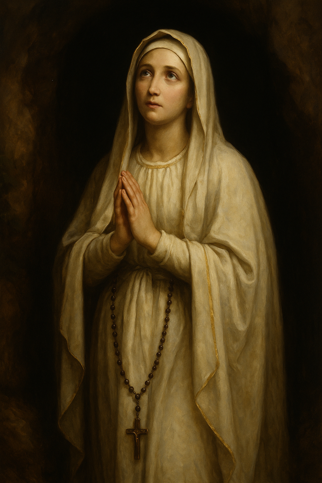 Our Lady of Lourdes in prayer, dressed in white with a rosary, depicted in Baroque-style lighting.