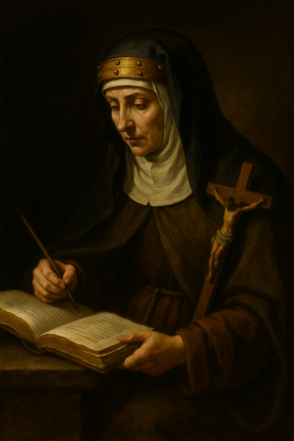 Saint Bridget of Sweden, Widow, shown in religious habit holding a book and crucifix, symbolizing her mystical visions, charity, and role as patroness of Europe.
