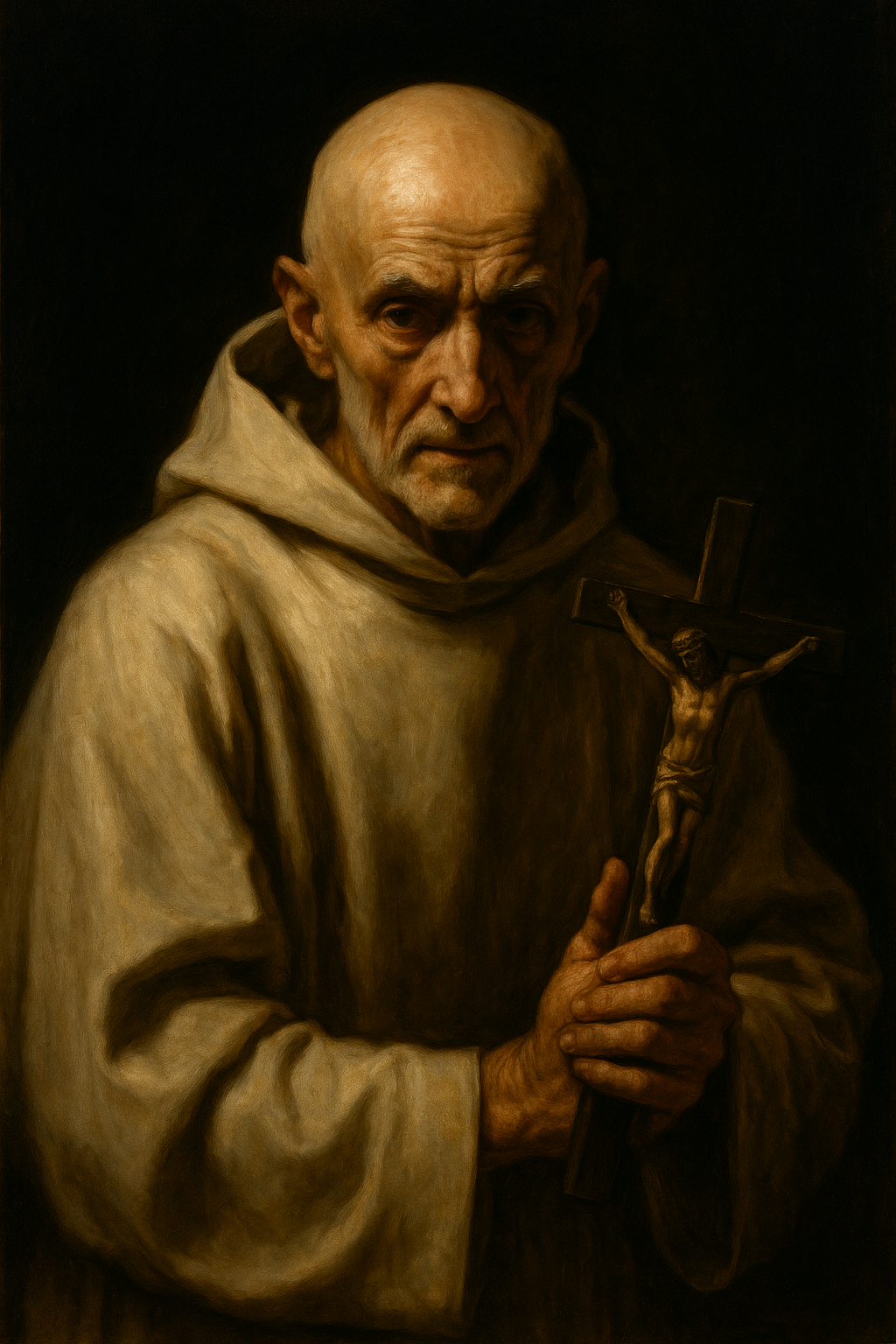 Saint Bruno, Confessor, founder of the Carthusian Order, depicted in a white monastic habit, holding a cross and book, symbolizing silence, prayer, and devotion to God.