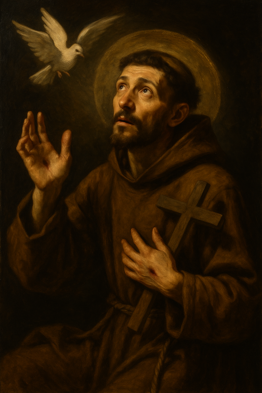 Saint Francis of Assisi, Confessor, wearing a simple brown habit with a rope belt, holding a crucifix while surrounded by birds and nature, symbolizing his love for creation and humility.