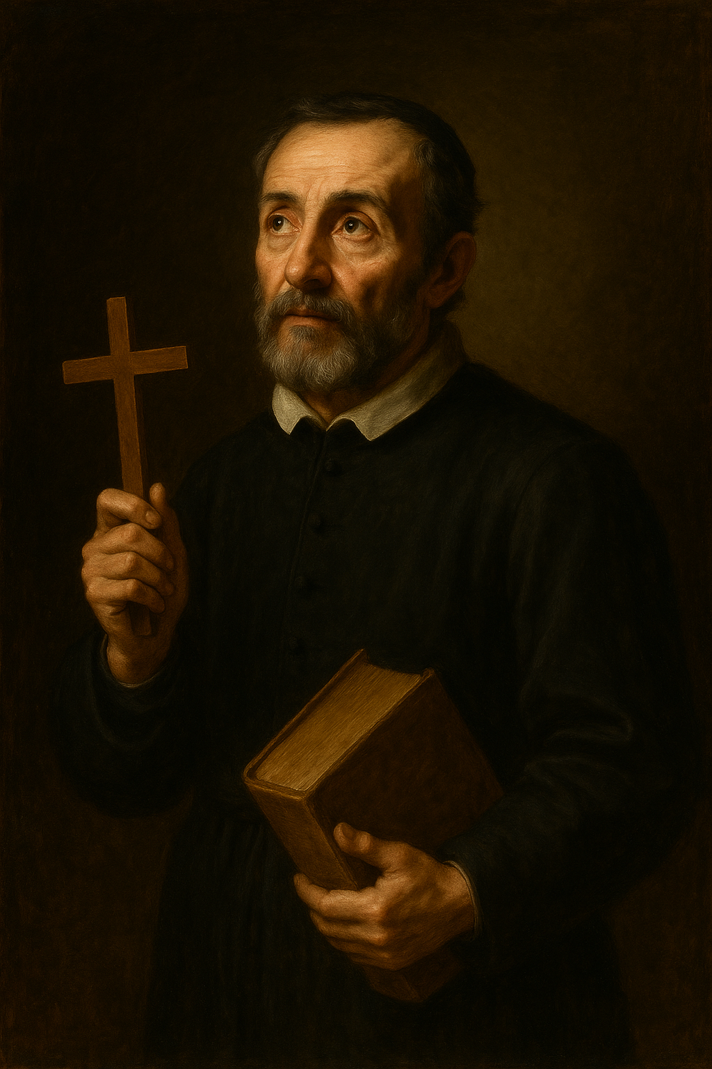 Saint John Leonardi in prayer before a crucifix – Alt text: Saint John Leonardi, Confessor, kneeling in prayer before a crucifix, symbolizing his devotion and priestly holiness.