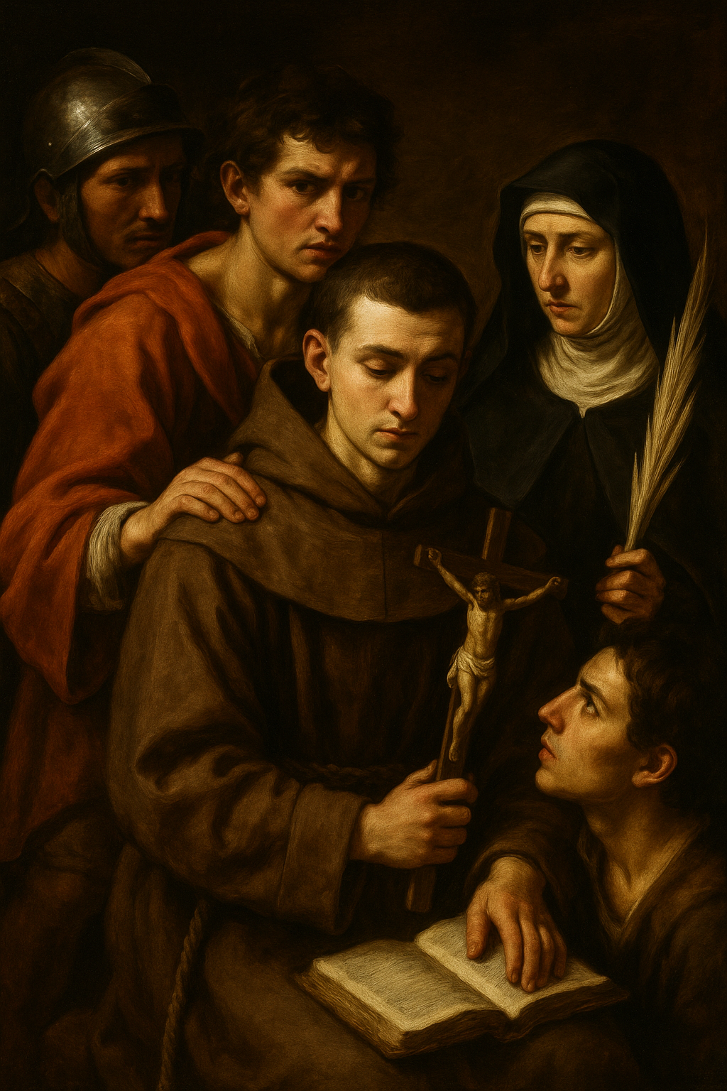 Saint Placid and Companions, Martyrs, depicted in Benedictine habits, standing firm in faith as they face their persecutors, symbolizing courage, obedience, and sacrifice for Christ in Sicily.