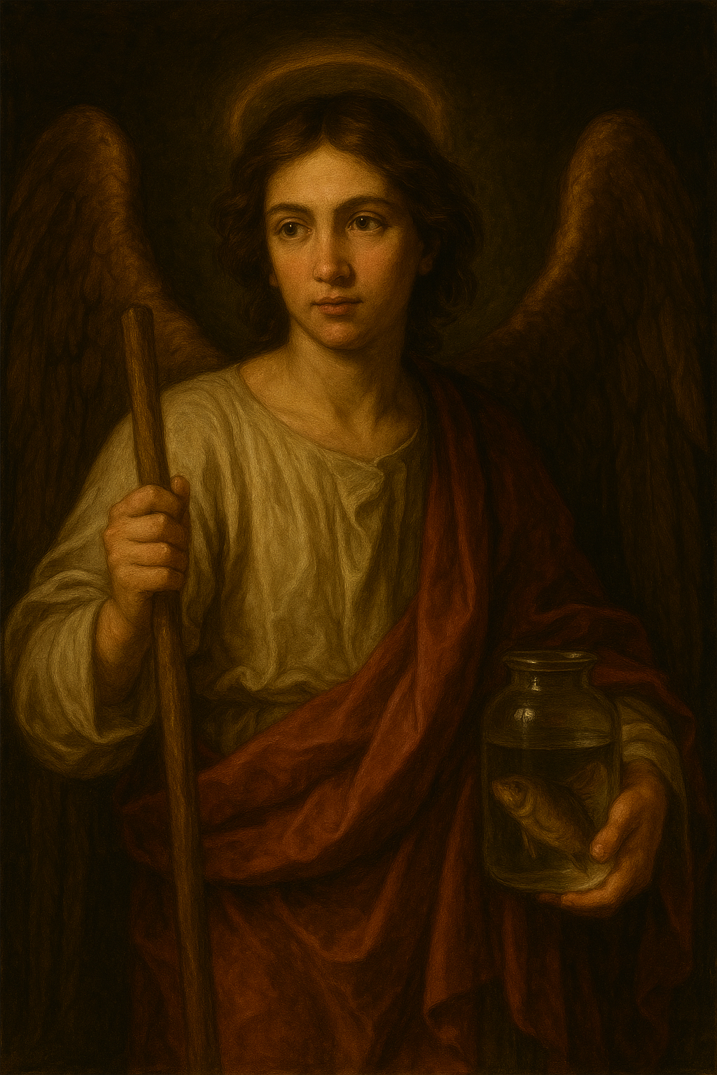 Saint Raphael the Archangel leading Tobias across a river, protecting travelers on their journey.