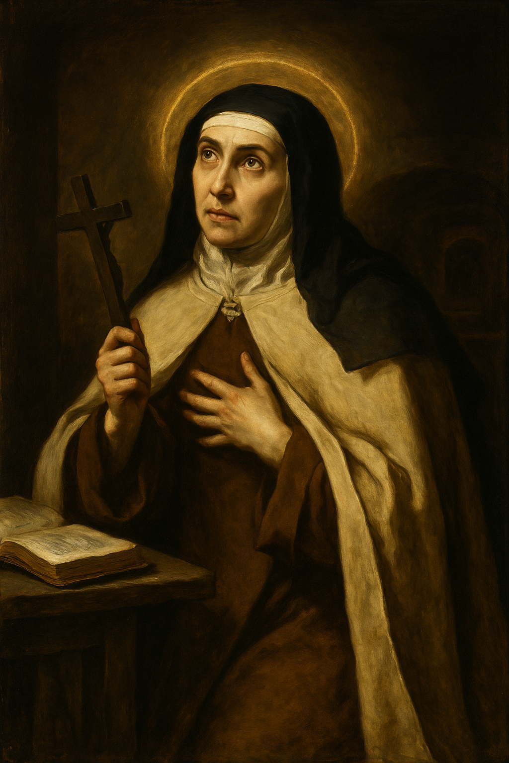 Painting of Saint Teresa of Avila, Virgin and Doctor, with angels surrounding her during prayer.