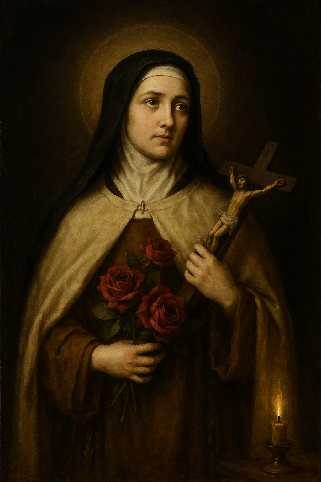 Saint Teresa of the Child Jesus in Carmelite habit, symbol of humility and devotion