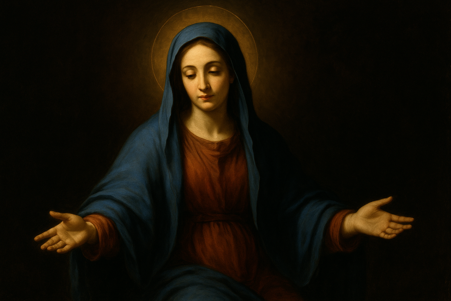 Baroque-style image of the Virgin Mary with open arms, wearing a blue mantle and red robe, bathed in golden light against a dark background.