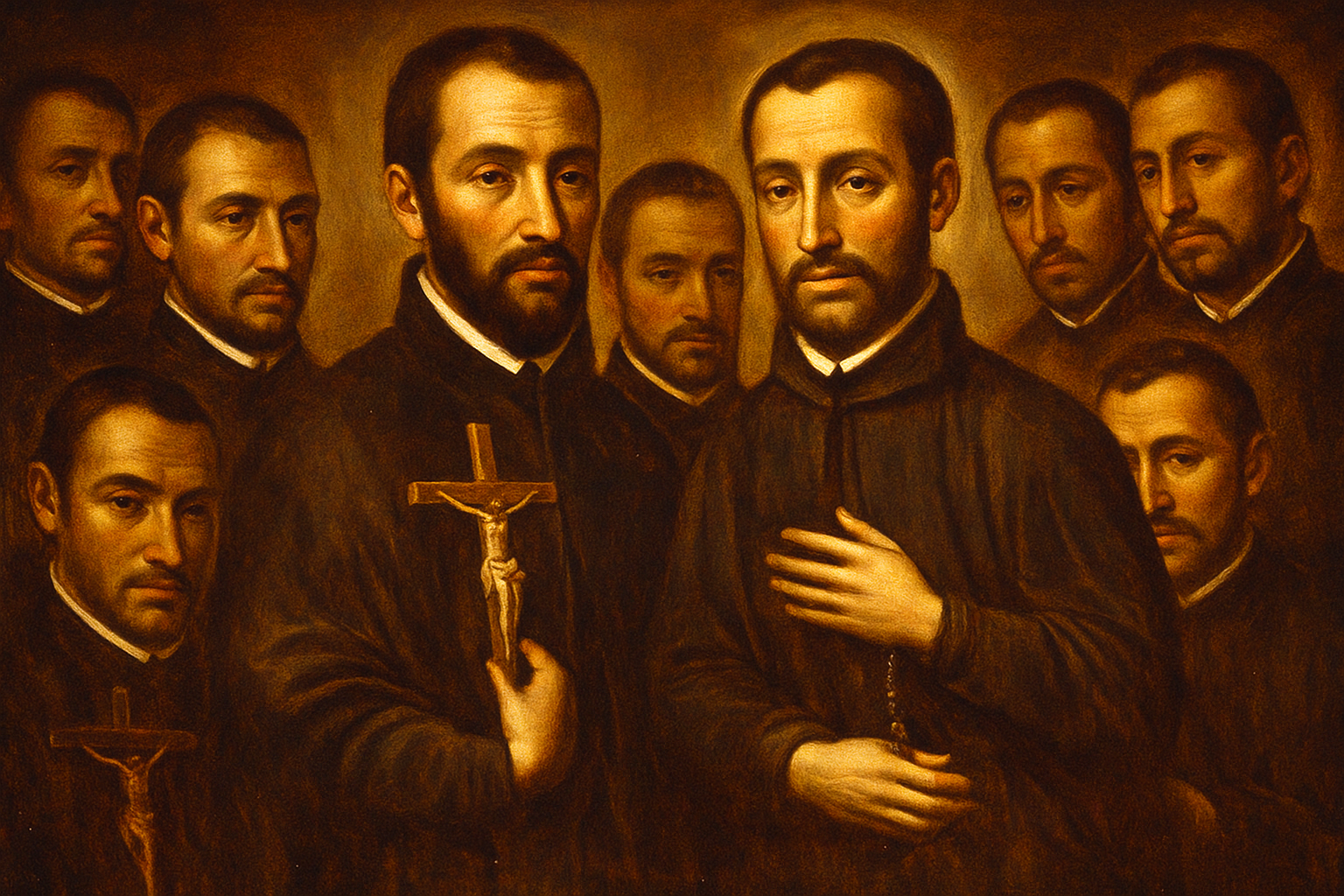 Caravaggio-style painting of Saints John de Brébeuf, Isaac Jogues, and Jesuit companions holding crucifixes, lit by warm divine light in a dark wilderness.