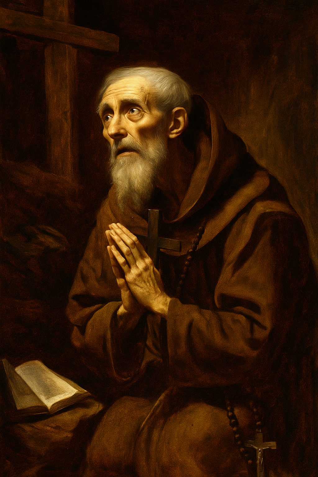 Caravaggio-style painting of Saint Peter of Alcántara, an elderly Franciscan monk kneeling in prayer before a wooden cross, hands clasped, illuminated by candlelight in a dark, humble cell.