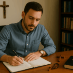 A contemplative man in a blue shirt writes in a notebook at a wooden desk, with a rosary, crucifix, and Holy Bible placed nearby, set in a quiet study with bookshelves and warm lighting.