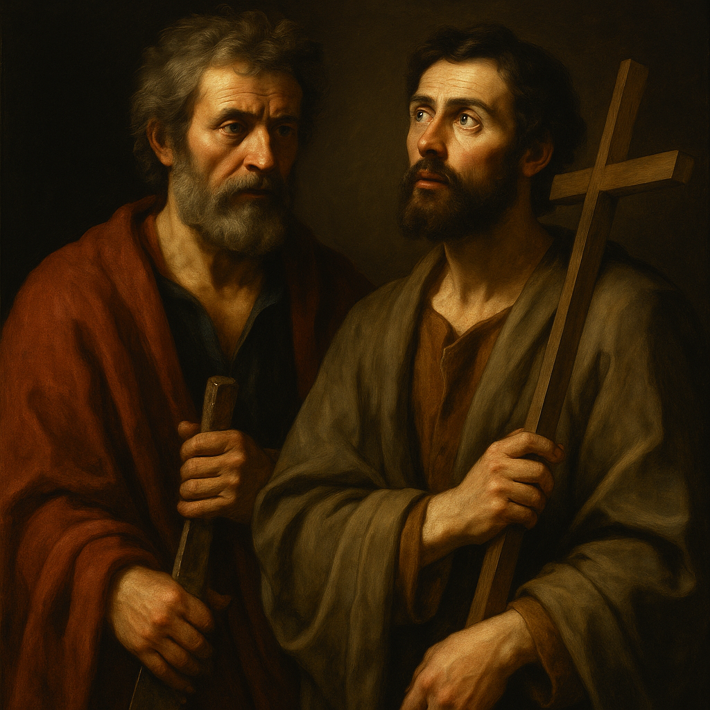 Caravaggio-style painting of Saints Simon and Jude, Apostles, standing together in warm chiaroscuro light, wearing traditional robes—Saint Simon holding a saw and Saint Jude holding a cross—symbolizing their unity and martyrdom.