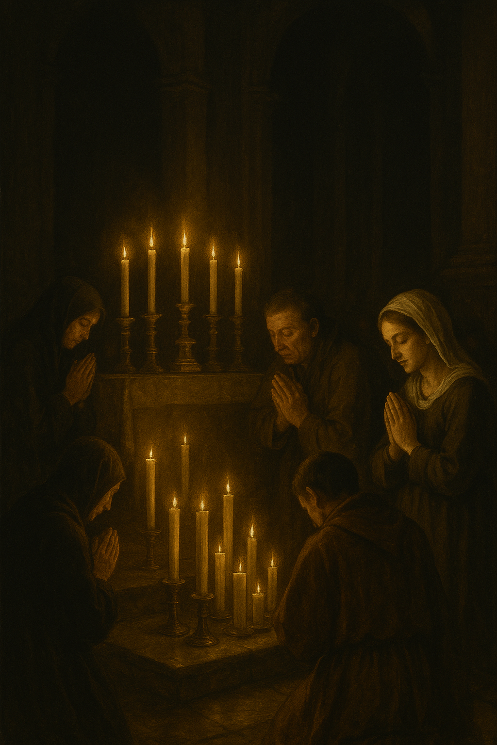 Caravaggio-style painting of the Vigil of All Saints showing worshippers kneeling in prayer before glowing candles inside a dimly lit church, their faces illuminated by warm light and deep shadows symbolizing devotion and anticipation of heavenly glory.