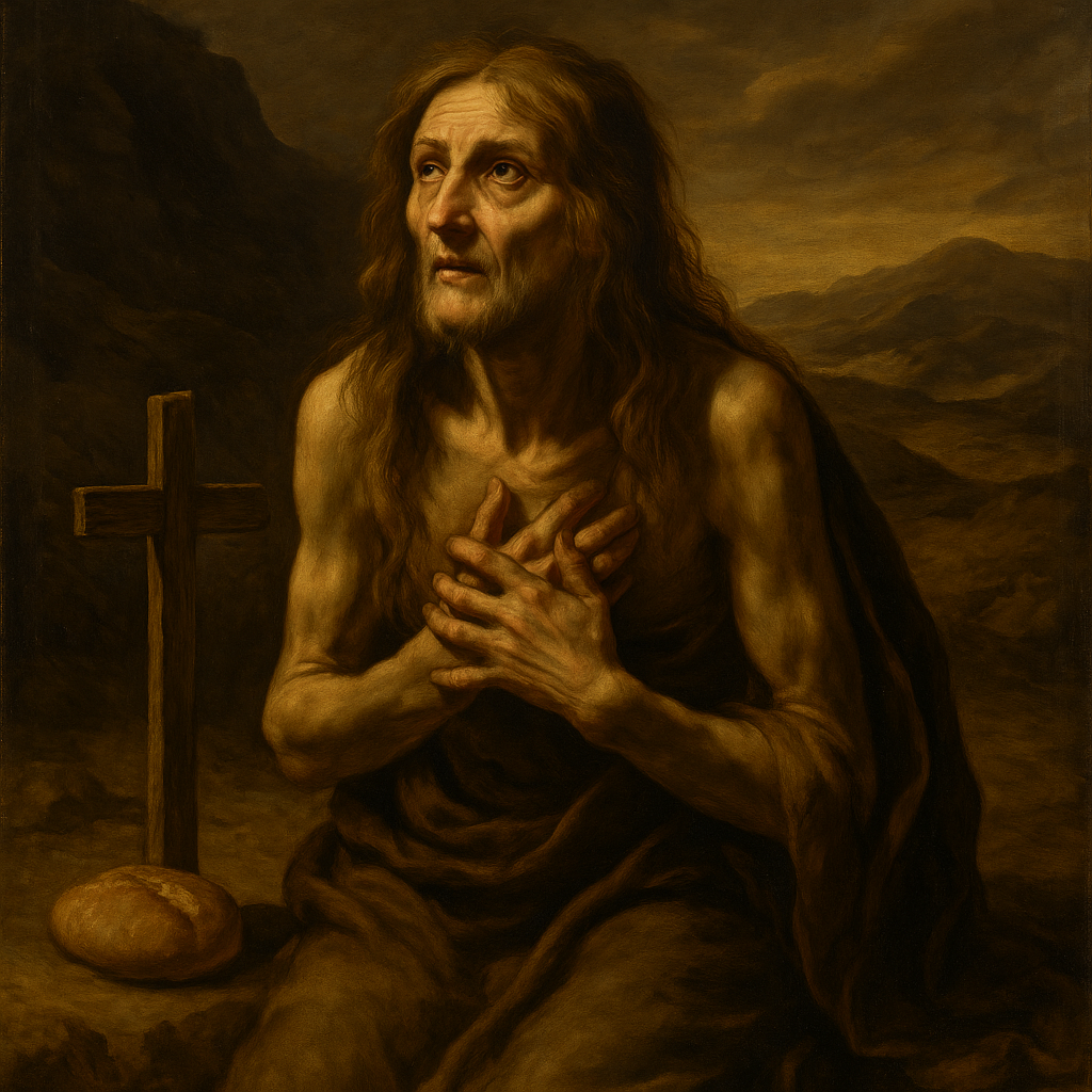 A Caravaggio-style painting of St. Mary of Egypt praying in the desert beside a small cross and loaf of bread, symbolizing repentance, fasting, and divine mercy.
