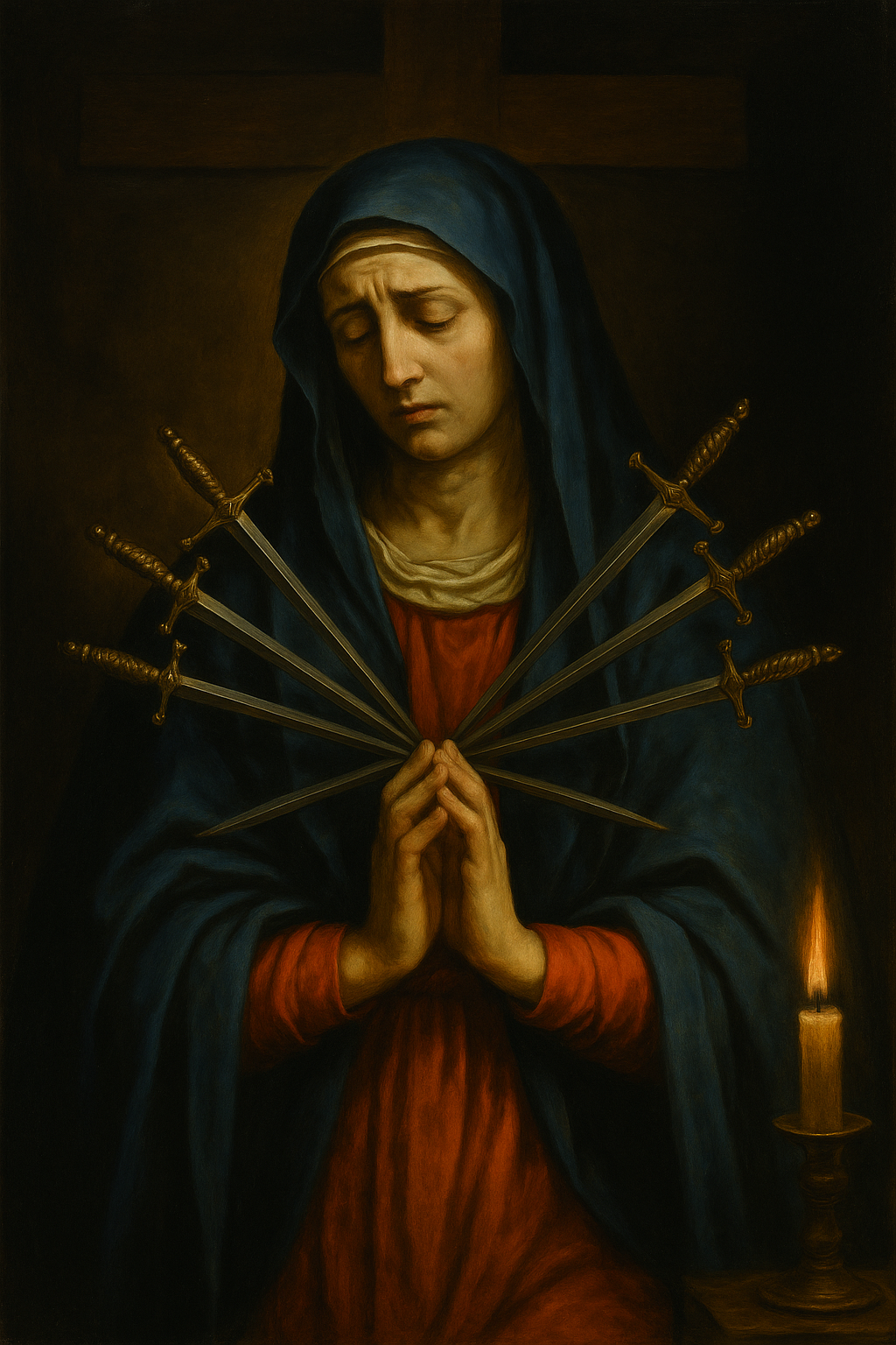 A Caravaggio-style painting of the Virgin Mary with seven swords piercing her heart, standing at the foot of the Cross, symbolizing her sorrow, compassion, and unwavering faith.