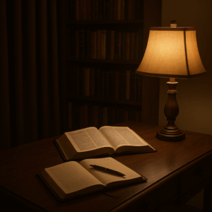 A dimly lit study with an open Bible, a journal, and a warm-glowing lamp on a wooden desk.