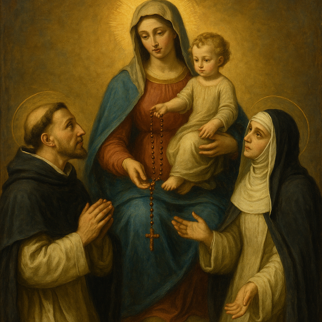 Painting of Our Lady of the Rosary holding the Child Jesus and offering a rosary to Saint Dominic and Saint Catherine of Siena, symbolizing her intercession and the power of prayer.