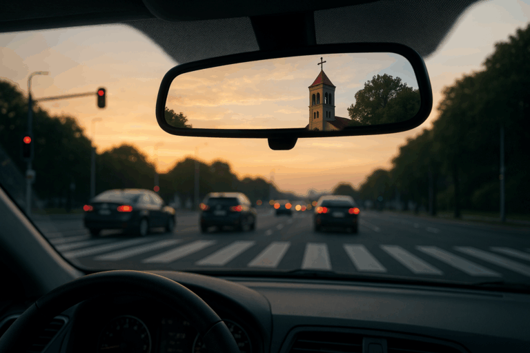 View from a car windshield at sunset, with a church cross reflected in the rearview mirror, symbolizing seeing God in everyday life and ordinary moments