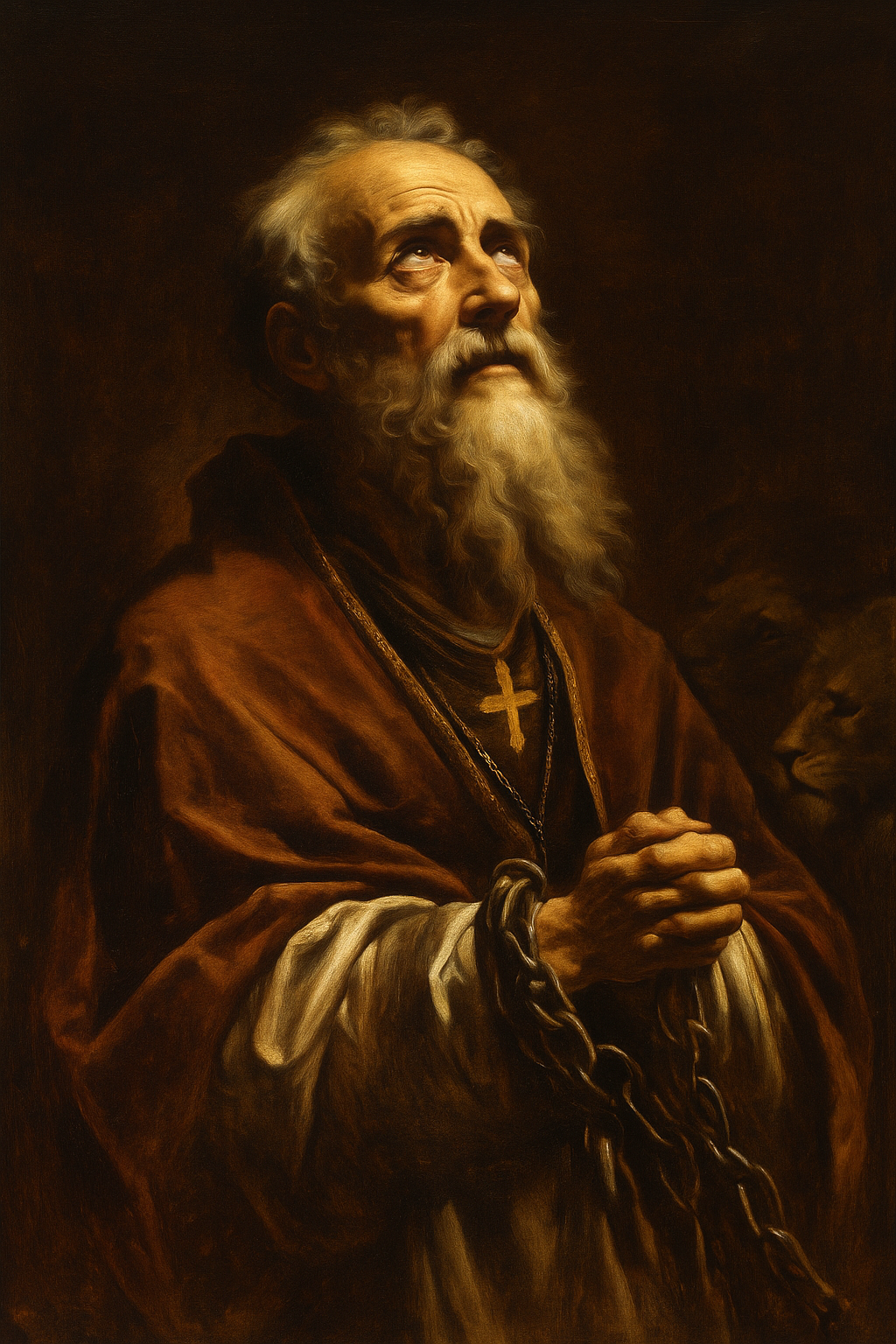 Saint Ignatius of Antioch, elderly bishop in chains, gazing heavenward as lions emerge from shadow, painted in Caravaggio-style chiaroscuro, symbolizing his faith and martyrdom.