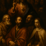 Caravaggio-style painting of Jesus surrounded by apostles and saints, illuminated by soft divine light symbolizing the Sacred Heart and the unity of faith.