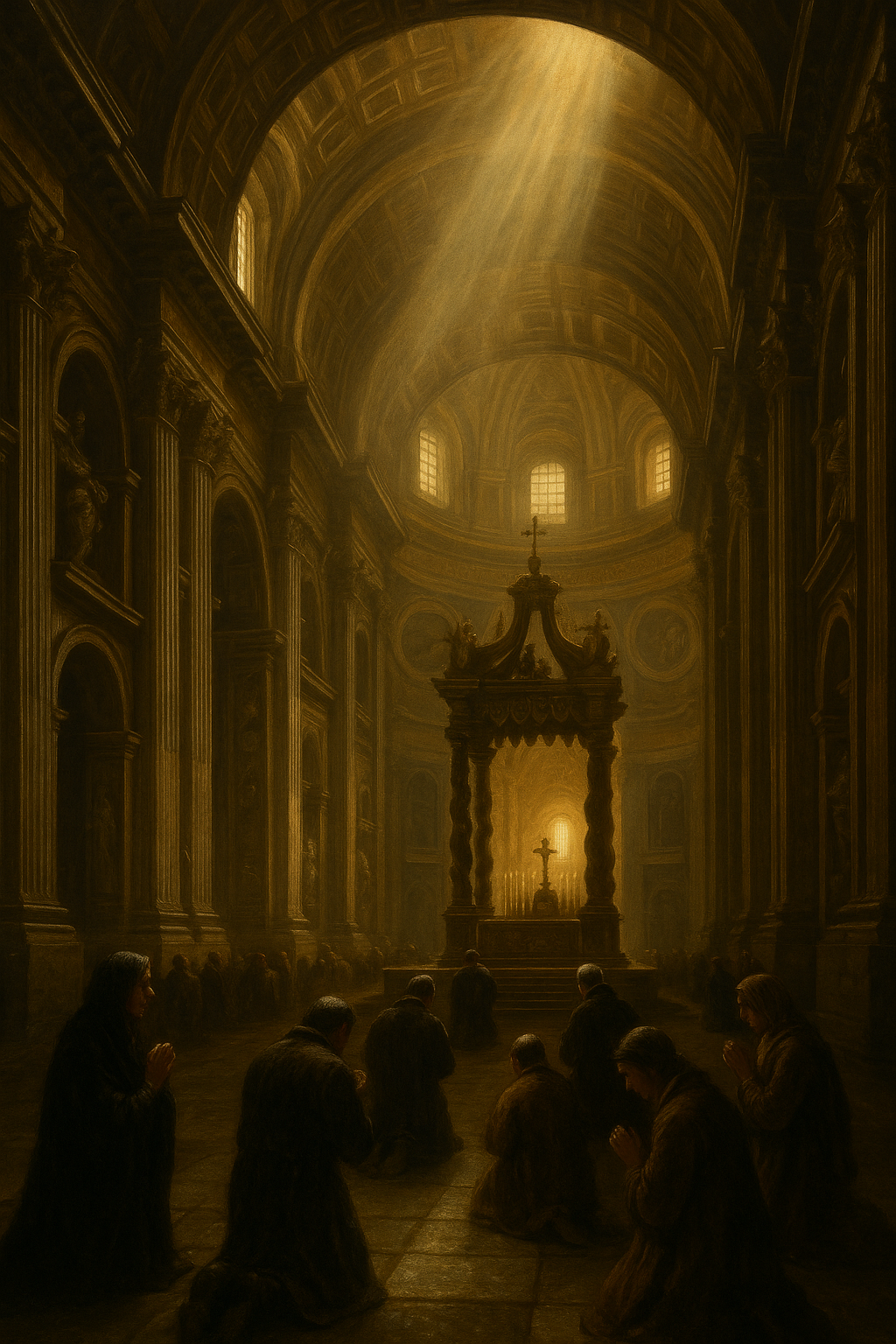 A Caravaggio-style painting of the interior of St. John Lateran Basilica, with golden light streaming through high windows onto worshippers kneeling before the illuminated altar under grand arches and columns.