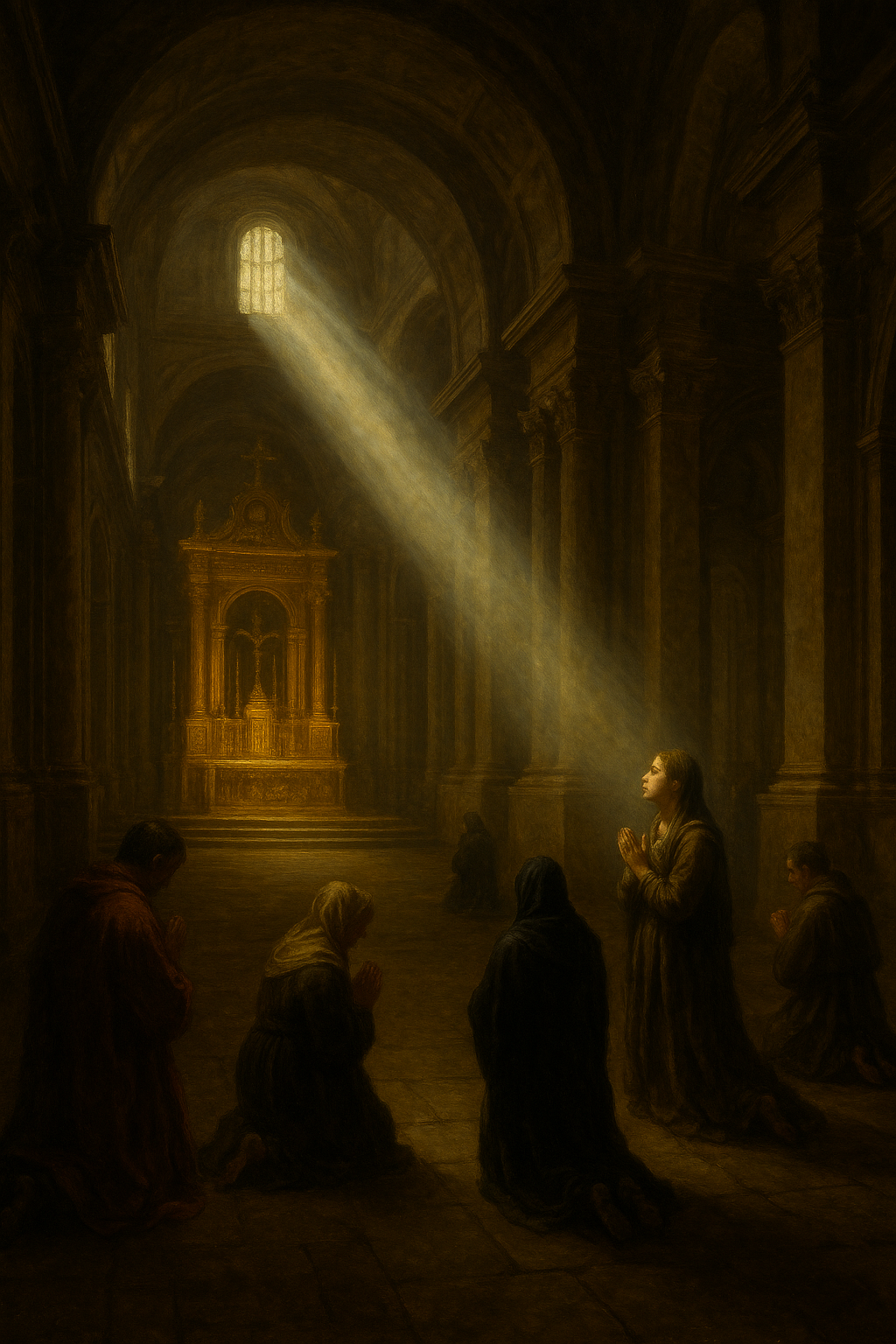 A Caravaggio-style oil painting showing the Lateran Basilica bathed in golden divine light, with worshippers kneeling in prayer before an illuminated altar beneath grand arches and high windows.