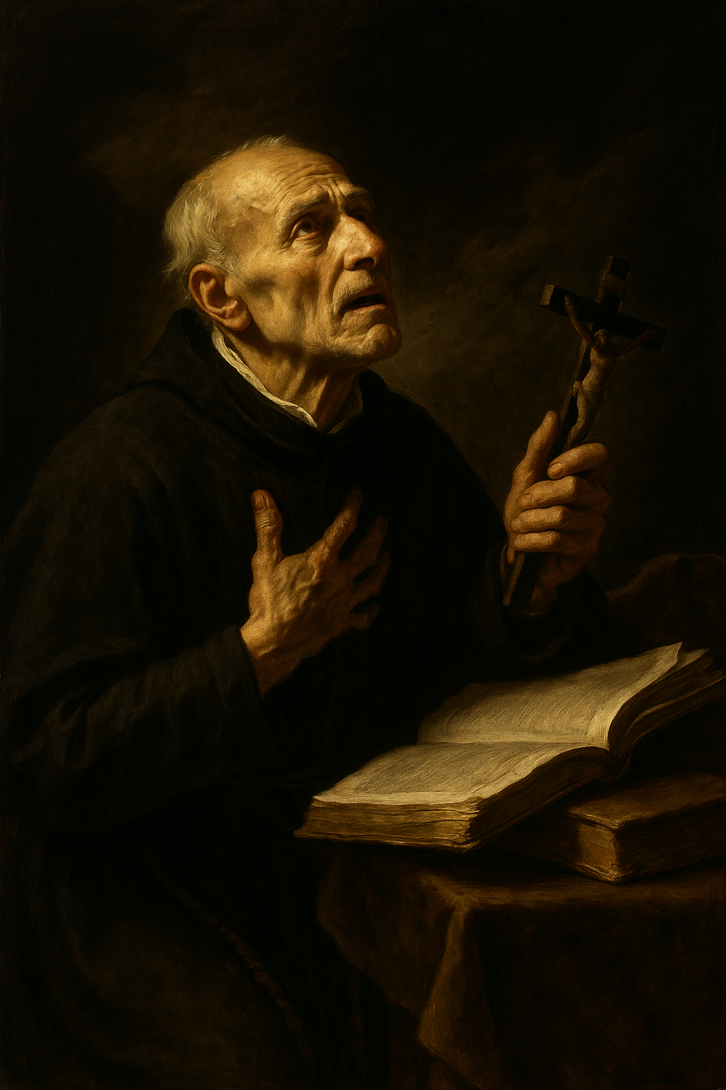 Saint Andrew Avellino in prayer, holding a crucifix beside an open book, bathed in warm golden light.