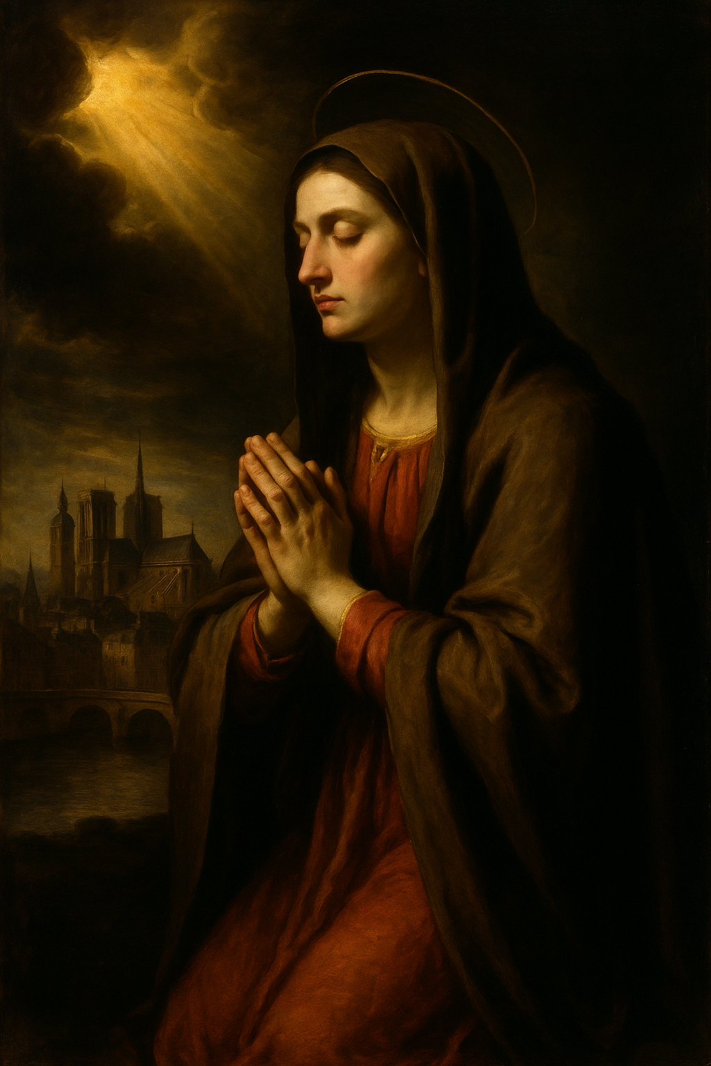 A Caravaggio-style oil painting of Saint Genevieve praying for the protection of Paris, her hands clasped in devotion, with golden light shining down from the heavens and the city’s skyline visible in the background.