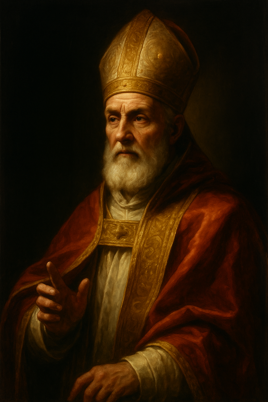 A Caravaggio-style portrait of Saint Leo the Great wearing papal vestments and a golden mitre, his right hand raised in blessing, illuminated by warm, dramatic light against a dark background.