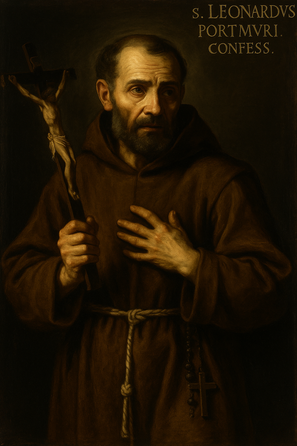 Saint Leonard of Port Maurice, wearing a brown Franciscan robe and holding a wooden crucifix, gazes upward in deep devotion. Dramatic Caravaggio-style lighting highlights his face and hands, symbolizing his missionary zeal and love for the Crucified Christ.