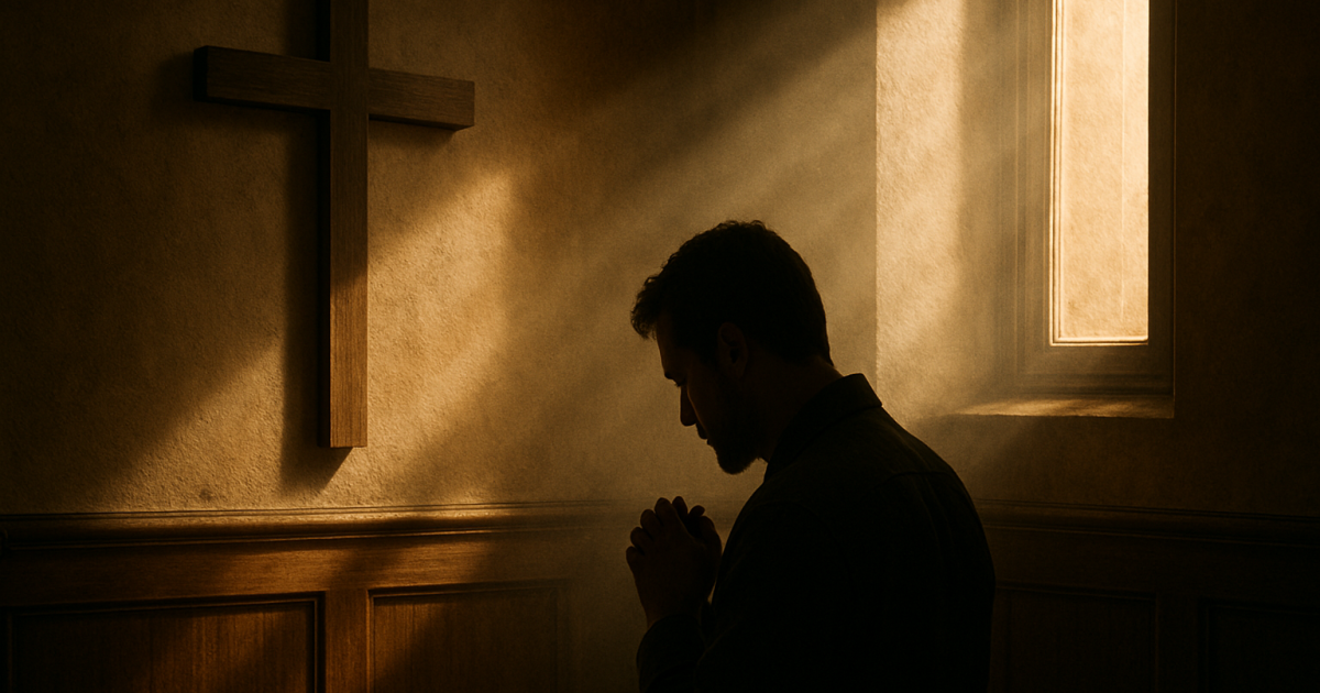 A man kneels in silent prayer in a dimly lit church corner, facing a wooden cross mounted on the wall. Warm sunlight streams through a tall window, casting dramatic shadows and golden beams across the textured wall and wooden paneling, highlighting the reverent silhouette of the man.