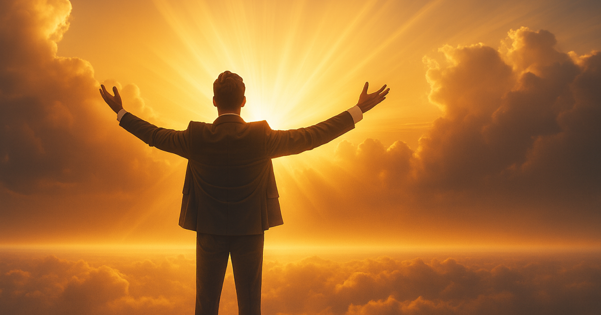 A businessman in a suit stands at the edge of a cliff with arms outstretched toward a glowing sunrise breaking through golden clouds, symbolizing awe, surrender, and divine possibility.