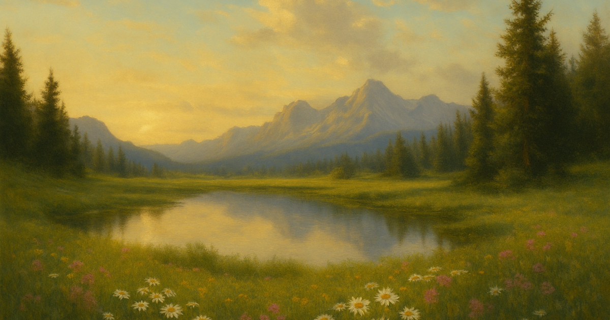 A peaceful meadow at sunrise with wildflowers and tall trees surrounding a calm reflective pond, framed by distant mountains under a golden sky, symbolizing God’s glory mirrored in creation.