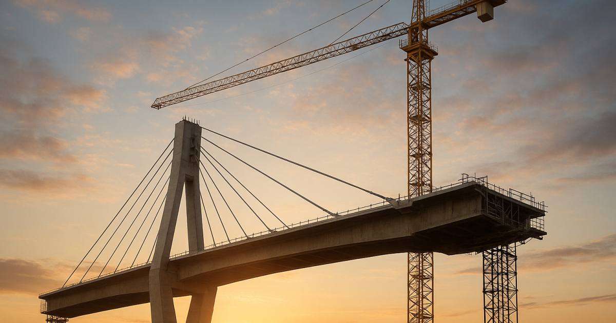 Cable-stayed bridge under construction at sunset, with a large crane in view—symbolizing the power of tools when used to build, not destroy.
