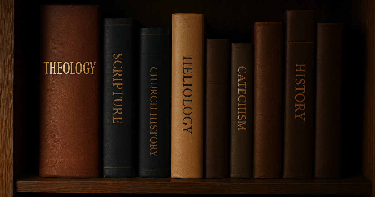 Books on theology, scripture, and Church history neatly arranged on a wooden shelf
