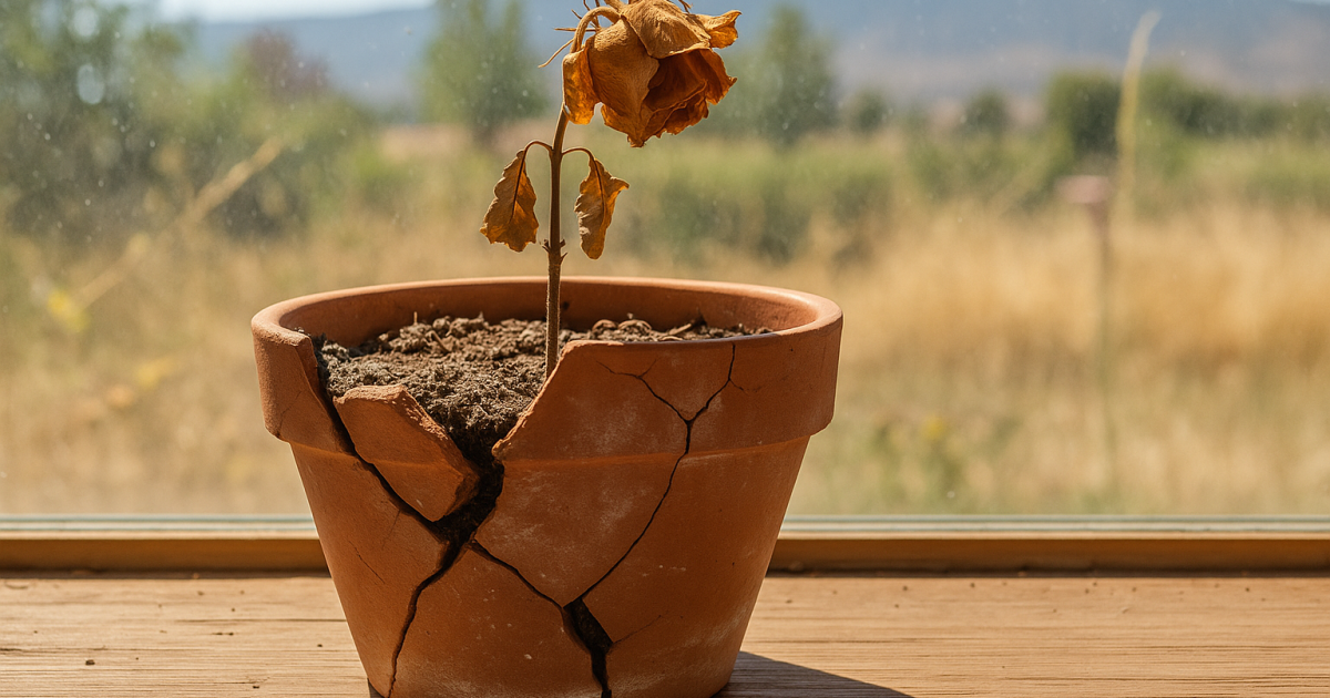 A withered rose with dry, curled petals leans over the edge of a cracked terracotta pot, which sits on a wooden windowsill. Soft golden sunlight filters through a slightly dusty window behind it, casting a warm, nostalgic glow over the weathered pot and dried flower.