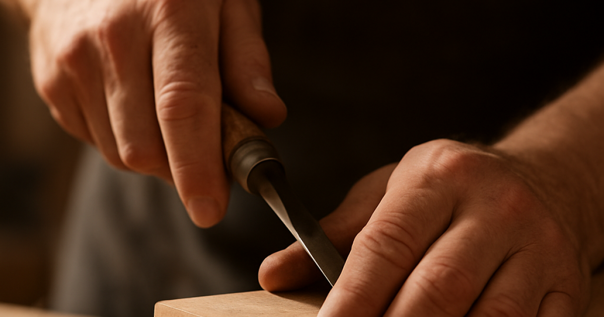 Hands of a craftsman carving wood with care, symbolizing how diligent and excellent work becomes a visible sign of faith and devotion to God.